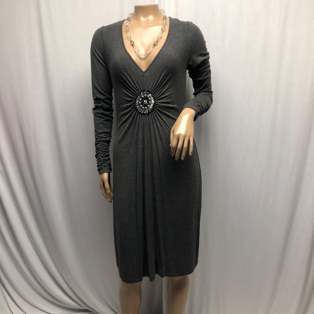 Ice Gray Dress Womens Size 6 Gathered Embellished Waist Long Sleeve Soft Evening